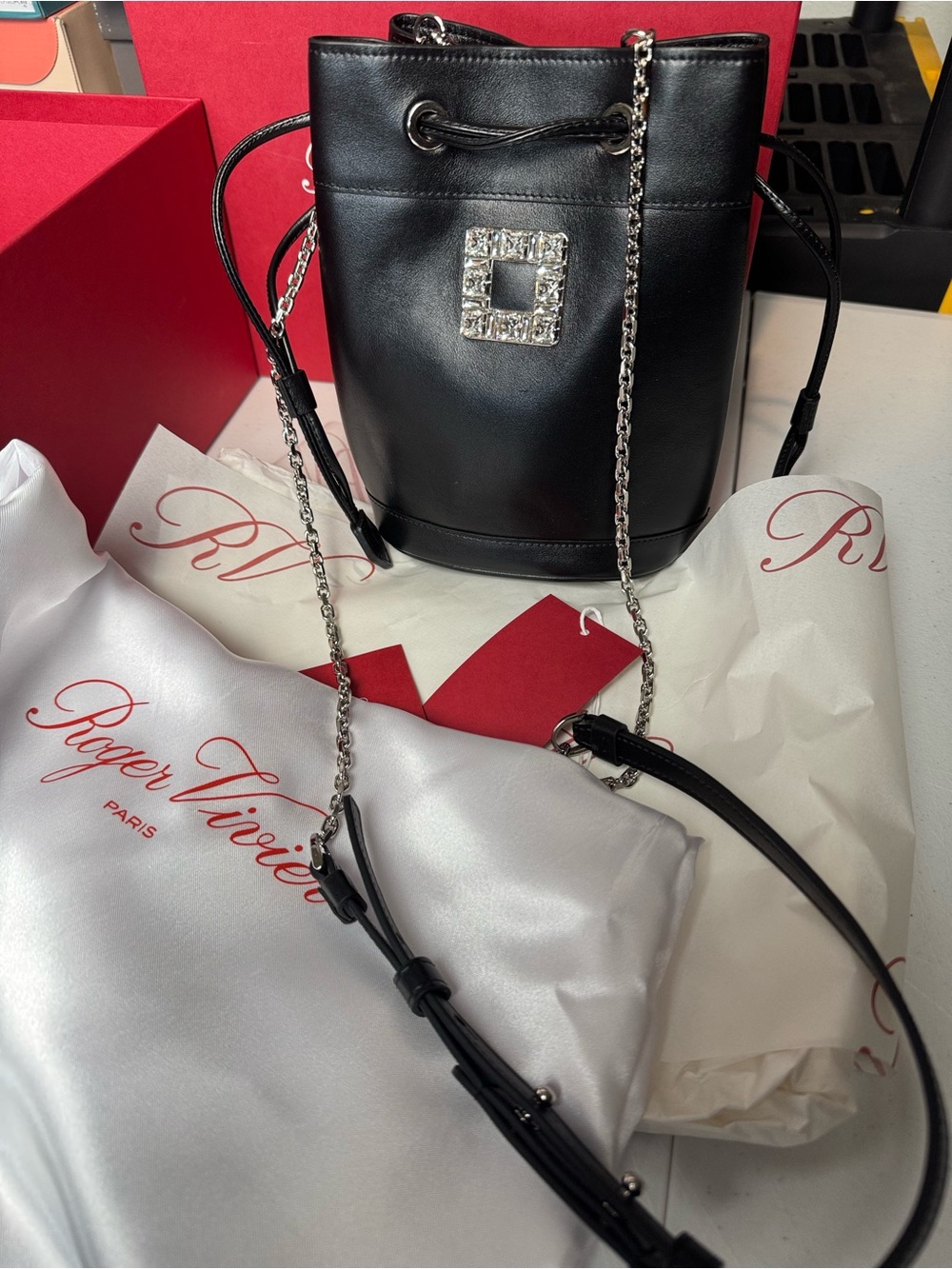 Roger Vivier Très Vivier Bucket Bag in leather Black with Crystal Square Buckle